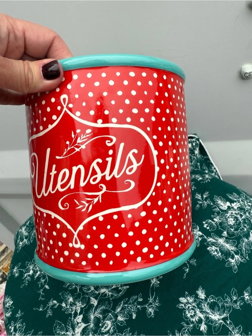The Pioneer Woman Red Polka Dot Utensil Crock with Teal Trim